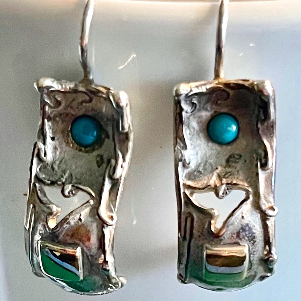 Handmade Sterling . Gold and Turquoise wire -back earrings